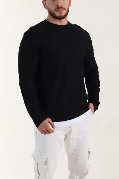 Siyah Relaxed Fit Pike Dokulu Basic Erkek Sweatshirt 398893