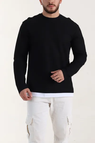 Siyah Relaxed Fit Pike Dokulu Basic Erkek Sweatshirt 398893