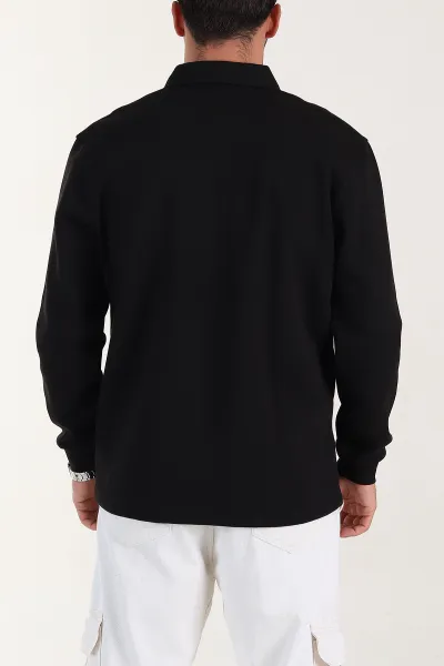 Siyah Relaxed Fit Pike Dokulu Düğmeli Polo Yaka Erkek Sweatshirt 400878