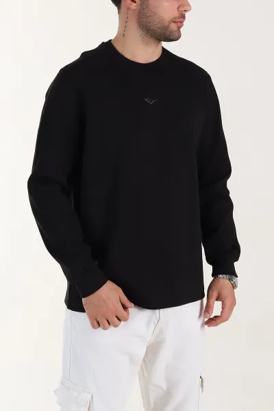 Siyah Relaxed Fit Pike Dokulu Nakış Detaylı Erkek Sweatshirt 400894