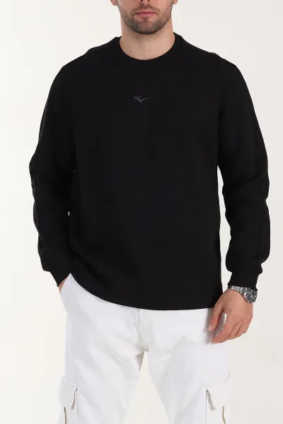 Siyah Relaxed Fit Pike Dokulu Nakış Detaylı Erkek Sweatshirt 400894
