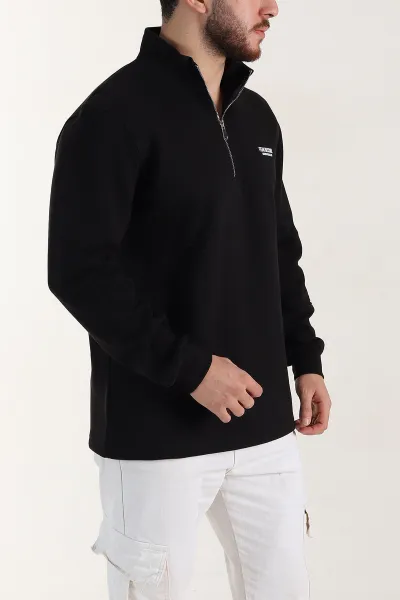 Siyah Relaxed Fit Pike Dokulu Yarım Fermuarlı Erkek Sweatshirt 400873