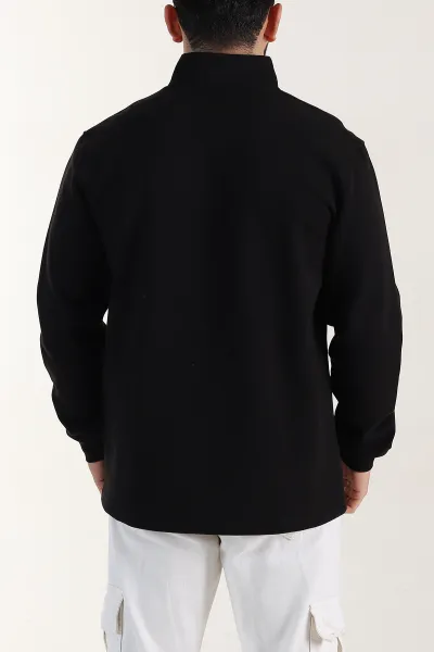 Siyah Relaxed Fit Pike Dokulu Yarım Fermuarlı Erkek Sweatshirt 400873