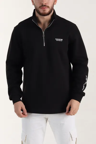 Siyah Relaxed Fit Pike Dokulu Yarım Fermuarlı Erkek Sweatshirt 400873