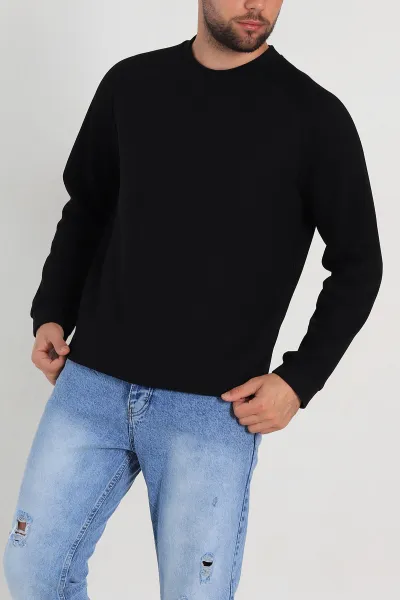 Siyah Relaxed Fit Pike Kumaş Reglan Kollu Basic Sweatshirt 317687