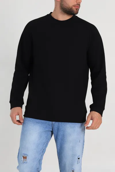 Siyah Relaxed Fit Pike Kumaş Reglan Kollu Basic Sweatshirt 317687
