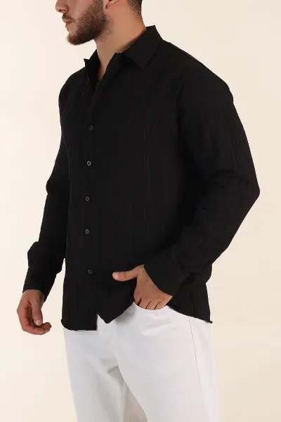 Siyah Relaxed Fit Pliseli Uzun Kollu Erkek Gömlek 369582