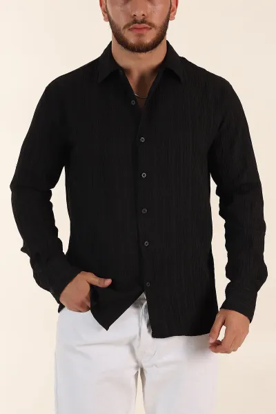 siyah-relaxed-fit-pliseli-uzun-kollu-erkek-gomlek-369582