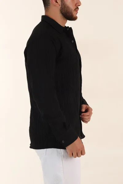 Siyah Relaxed Fit Pliseli Uzun Kollu Erkek Gömlek 369582