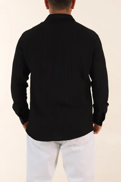 Siyah Relaxed Fit Pliseli Uzun Kollu Erkek Gömlek 369582
