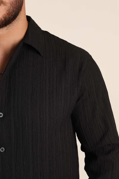 Siyah Relaxed Fit Pliseli Uzun Kollu Erkek Gömlek 369582