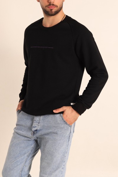 Siyah Relaxed Fit Şardonsuz Kabartma Yazılı Erkek Sweatshirt 221462
