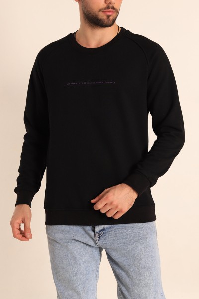 Siyah Relaxed Fit Şardonsuz Kabartma Yazılı Erkek Sweatshirt 221462
