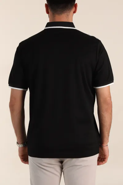 Siyah Relaxed Fit Şerit Detaylı Polo Yaka Erkek Tişört 359110