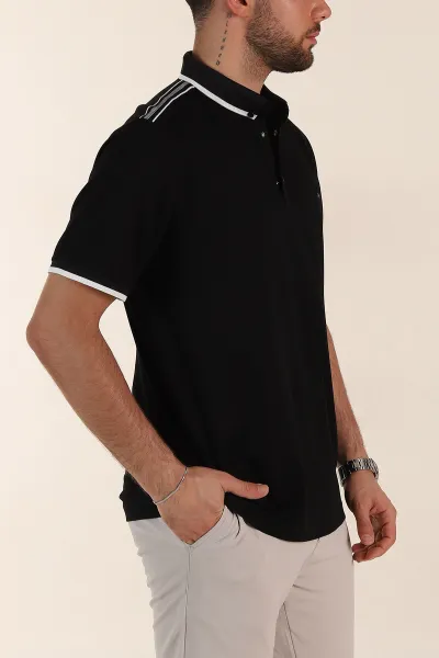 Siyah Relaxed Fit Şerit Detaylı Polo Yaka Erkek Tişört 359110