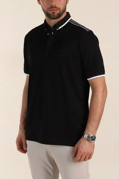 Siyah Relaxed Fit Şerit Detaylı Polo Yaka Erkek Tişört 359110