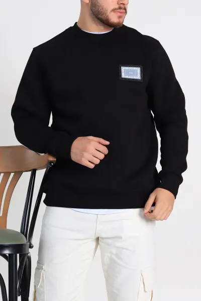 Siyah Relaxed Fit Üç İp Şardonlu Baskılı Erkek Sweatshirt 309652