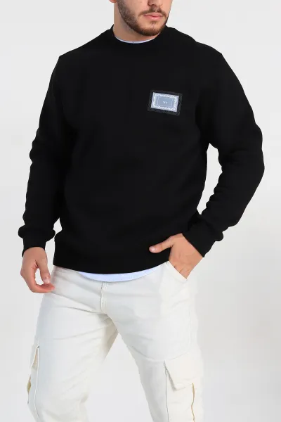 Siyah Relaxed Fit Üç İp Şardonlu Baskılı Erkek Sweatshirt 309652