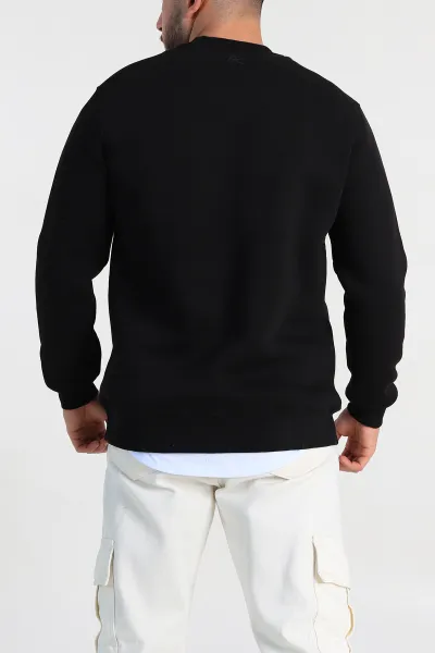 Siyah Relaxed Fit Üç İp Şardonlu Kabartma Detaylı Erkek Sweatshirt 309876