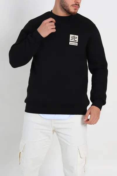 Siyah Relaxed Fit Üç İp Şardonlu Kabartma Detaylı Erkek Sweatshirt 309876