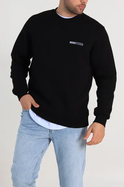 Siyah Relaxed Fit Üç İp Şardonlu Kabartma Detaylı Erkek Sweatshirt 309899