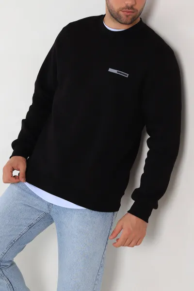 Siyah Relaxed Fit Üç İp Şardonlu Kabartma Detaylı Erkek Sweatshirt 309899