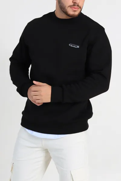Siyah Relaxed Fit Üç İp Şardonlu Kabartma Yazı Detay Erkek Sweatshirt 310403
