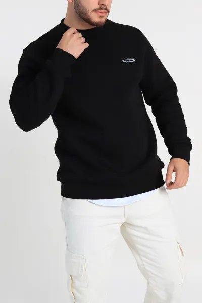 Siyah Relaxed Fit Üç İp Şardonlu Kabartma Yazı Detay Erkek Sweatshirt 310403