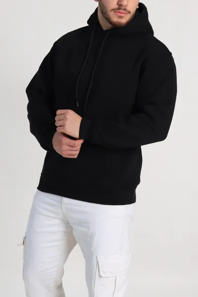 Siyah Relaxed Fit Üç İp Şardonlu Kapüşonlu Basic Erkek Sweatshirt 333114
