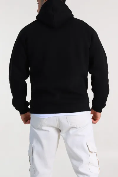 Siyah Relaxed Fit Üç İp Şardonlu Kapüşonlu Basic Erkek Sweatshirt 333114