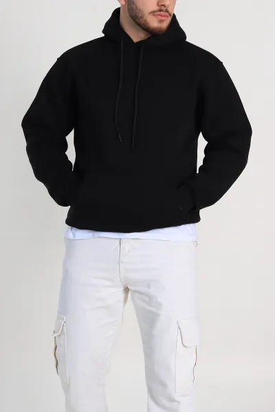 Siyah Relaxed Fit Üç İp Şardonlu Kapüşonlu Basic Erkek Sweatshirt 333114