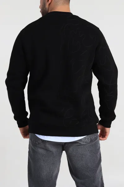 Siyah Relaxed Fit Üç İp Şardonlu Kol Detaylı Erkek Sweatshirt 309952