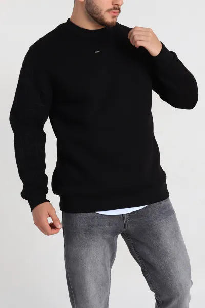 Siyah Relaxed Fit Üç İp Şardonlu Kol Detaylı Erkek Sweatshirt 309952