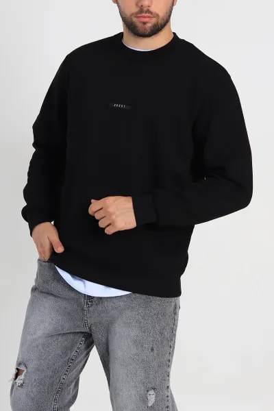 Siyah Relaxed Fit Üç İp Şardonlu Logo Detaylı Erkek Sweatshirt 309854