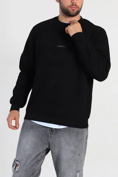 Siyah Relaxed Fit Üç İp Şardonlu Logo Detaylı Erkek Sweatshirt 309854
