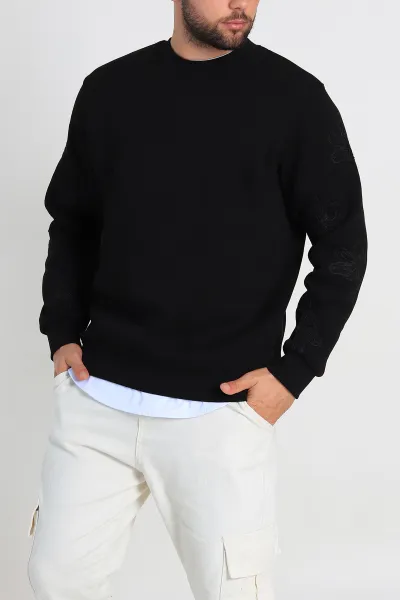 Siyah Relaxed Fit Üç İp Şardonlu Nakış Detaylı Erkek Sweatshirt 311181