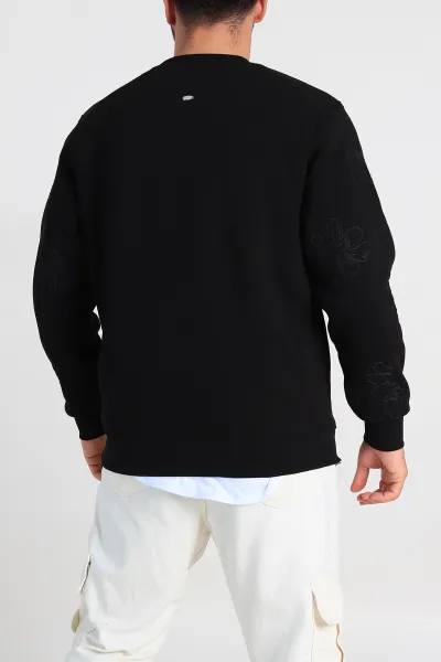 Siyah Relaxed Fit Üç İp Şardonlu Nakış Detaylı Erkek Sweatshirt 311181