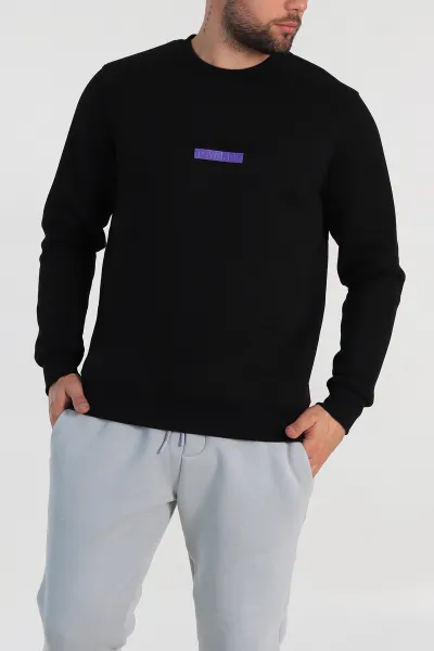 Siyah Relaxed Fit Üç İp Şardonlu Yazı Detaylı Erkek Sweatshirt 310484