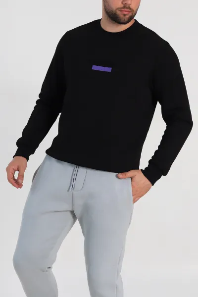 Siyah Relaxed Fit Üç İp Şardonlu Yazı Detaylı Erkek Sweatshirt 310484