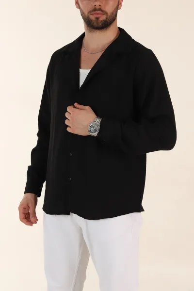Siyah Relaxed Fit Uzun Kollu Apaş Yaka Erkek Gömlek 367432