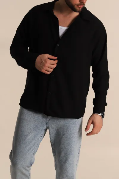 Siyah Relaxed Fit Uzun Kollu Keten Erkek Gömlek 275524