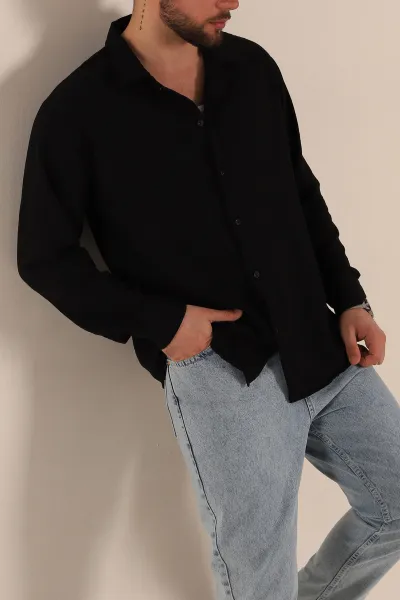 siyah-relaxed-fit-uzun-kollu-keten-erkek-gomlek-275524