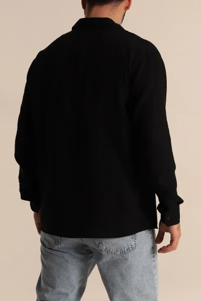 Siyah Relaxed Fit Uzun Kollu Keten Erkek Gömlek 275524