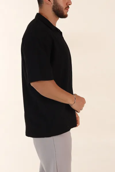 Siyah Relaxed Fit Waffle Dokulu Patlı Polo Yaka Erkek Tişört 370295