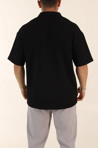 Siyah Relaxed Fit Waffle Dokulu Patlı Polo Yaka Erkek Tişört 370295