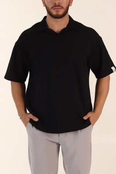 Siyah Relaxed Fit Waffle Dokulu Patlı Polo Yaka Erkek Tişört 370295