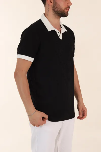 Siyah Relaxed Fit Waffle Dokulu Polo Yaka Erkek Tişört 370345