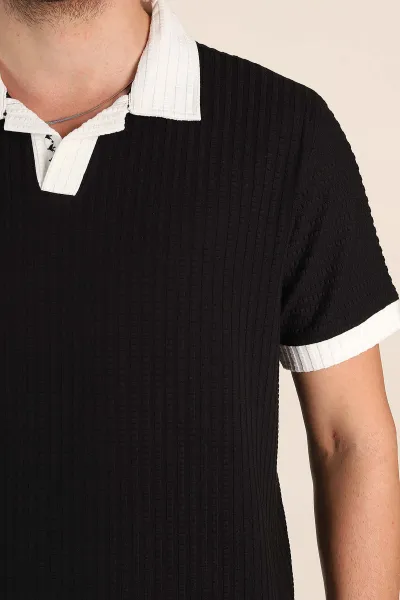 Siyah Relaxed Fit Waffle Dokulu Polo Yaka Erkek Tişört 370345
