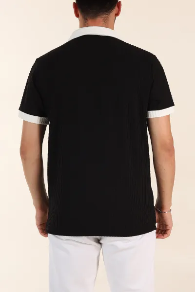 Siyah Relaxed Fit Waffle Dokulu Polo Yaka Erkek Tişört 370345