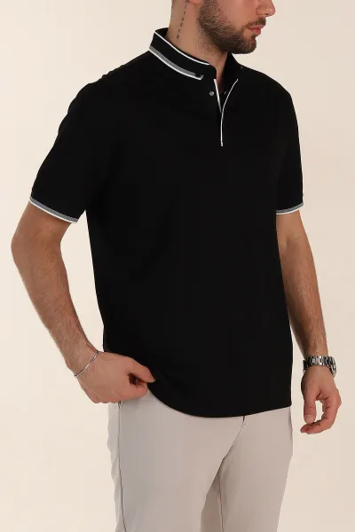 Siyah Relaxed Fit Yaka Detaylı Polo Yaka Erkek Tişört 359117